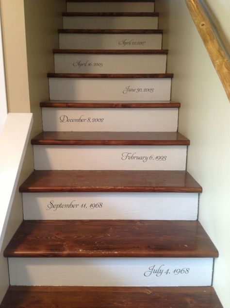 My staircase stencilled with dates that are significant to our family. Birthdays, anniversary, day we bought this house and as we grow we can add more as we go. Stair Stencils, Paint Stairs Diy, Staircase Decals, Cottage Stairs, Basement Craft Rooms, Stair Makeover, Flooring For Stairs, Basement Bar Designs, Stair Remodel