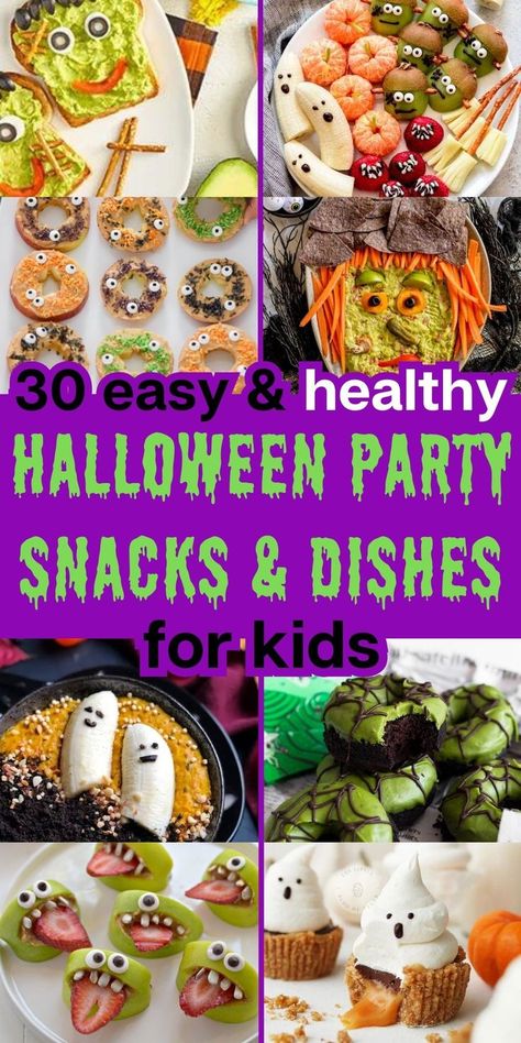 Healthy Halloween Snacks for Kids Halloween Food Activities, Healthy Halloween Snacks For Kids, Healthy Halloween Recipes, Healthy Halloween Party Food, Kids Halloween Party Food, Halloween Party For Kids, Halloween Finger Foods, Healthy Party Snacks, Finger Foods For Kids