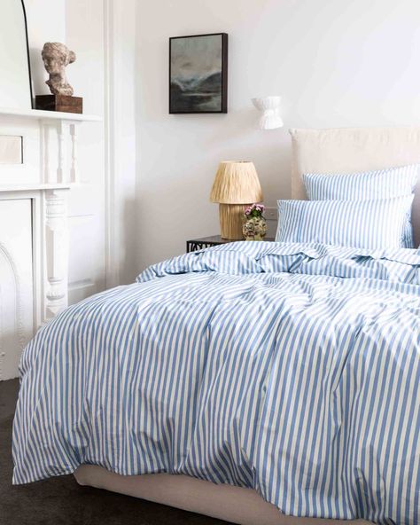 Blue Striped Sheets Bedroom, Blue And White Striped Bed Sheets, Blue Stripe Duvet, Blue Pattern Bedding, Blue And White Stripe Bedding, Blue Striped Bedding Bedroom Ideas, Blue Pinstripe Bedding, Blue Stripped Bedding, Blue Bedding Set