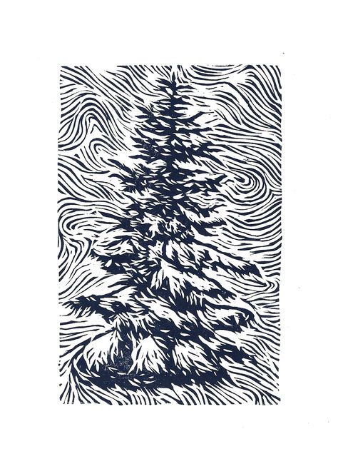 Linocut handmade mini print "X-mas tree"  with a vibrant visual effect. Mishima Pottery, Tree Linocut, Lino Cuts, Retro Painting, Lino Art, Scratch Art, Linocut Art, Sgraffito, Plant Art