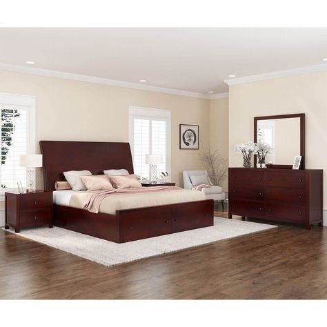 Organizing the best furniture layout for your bedrooms is important when you want to create a statement worthy ambiance. Now you can make your bedrooms the height of deluxe with our Petros Transitional 4 Piece Bedroom Set. Featuring an amazing vintage contemporary aesthetic, this collection balance out both the traditional as well as the modern ends of the visual spectrum. Consisting of a trendy platform bed with a stylishly tall headboard and two deep-dive storage drawers at the footboard, the Transitional Style Bedroom, Full Size Bedroom Sets, King Size Bedroom, Beautiful Bed Designs, Queen Sized Bedroom Sets, King Size Bedroom Sets, Queen Sized Bedroom, King Sized Bedroom, Storage Bedroom