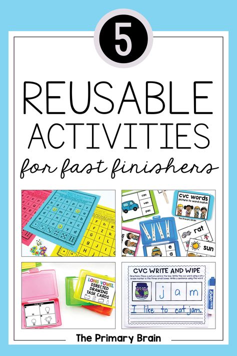 Do you have students in your classroom who always finish their classwork before their peers have finished? In this blog post, I share my 5 favorite reusable early finishers activities for kindergarten, 1st, and 2nd grade so you can keep these students engaged in meaningful learning opportunities. Grab some tips for keeping fast finisher materials organized with no prep roll and read printables, write and wipe lessons, phonics clip cards for task boxes, & directed drawings paired with writing. Fast Finisher Activities Preschool, Early Finisher Activities Kindergarten, Kindergarten Fast Finisher Activities, 2nd Grade Early Finisher Activities, Kindergarten Early Finishers Activities, Early Finishers Activities 1st Grade, Early Finishers Activities 2nd Grade, Early Finishers Kindergarten, Phonics Task Cards