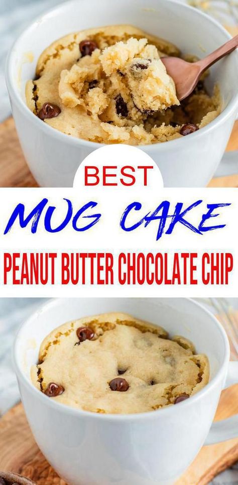 Easy Chocolate Chip Peanut Butter Mug Cakes! Easy recipe for the BEST peanut butter chocolate microwave mug cake for 1 or 2. Great Desserts, breakfast Or Snacks to make when sweet cravings strike you! Healthy, delicious microwave peanut butter chocolate cake in a mug for 1. Great college dorm room food recipe. Top with ice cream for best Fall desserts. Easy desserts, healthy snacks or healthy breakfast idea. Peanut Butter Cookie Mug, Peanut Butter Mug Cake, Microwave Mug Cake, Microwave Mug Recipes, Chocolate Chip Mug Cake, Cake In A Mug, Mug Cake Healthy, Microwave Dessert, Microwave Mug