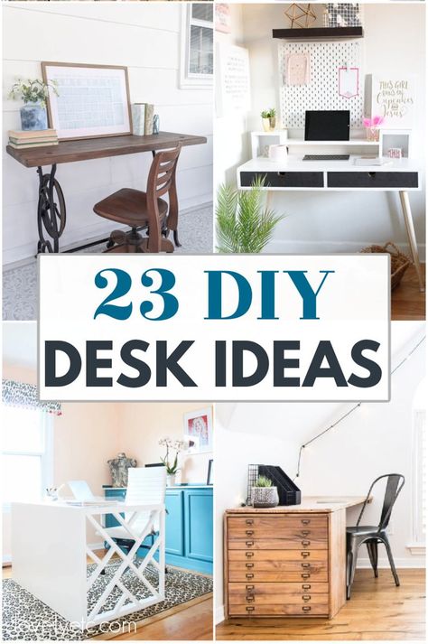 These 23 DIY desks include ideas for building your own desk, creating an IKEA hack desk, or refinishing an old desk to give it new life. There are lots of easy desks here that even a beginner can build on a small budget. Choose your favorite and create your new desk by the weekend! Ideas For Desks In Bedroom, Diy Home Desk Ideas, Handmade Desk Ideas, Upcycle Desk Ideas, Upcycled Desk Ideas, Wall Mounted Folding Table Diy, Make Up Desk Design, Desk Make, Creative Desk Ideas