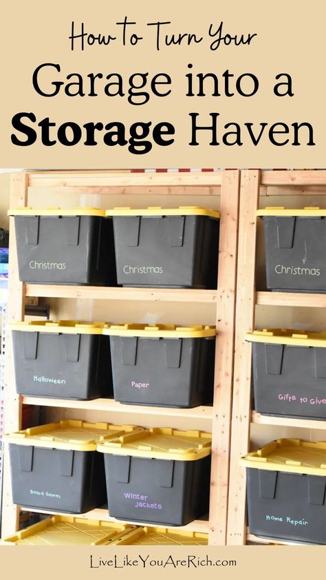 Have you ever wondered how to maximize storage space in your garage? Our DIY guide will show you how to assemble wood storage shelves that can custom-fit your storage bins, completely transforming your garage into a storage haven. Wood Shelves Garage, Storage Bin Shelves, Wood Storage Shelves, Organization Solutions, Organizing Bins, Diy Shelves, Wood Storage, Maximize Space, How To Turn