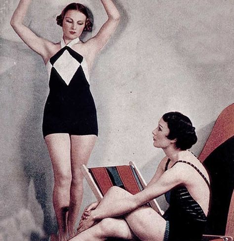 1930s-swimwear-fashions---July-1934 1930s Sportswear Women, 1930s Swimwear, 1940 Swimsuit, White Beach Outfit, 1930 Swimwear, 1930 Summer Dress, Understanding Women, Sailor Fashion, Stylish Women Fashion