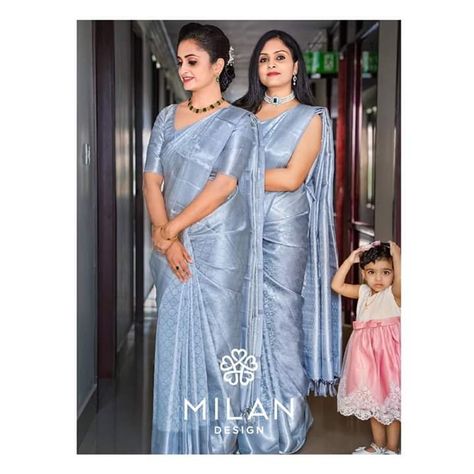 Dusty Blue Saree, Indian Bridesmaids Saree, Manthrakodi Saree Christian, Baptism Saree, Blows Designs, South Indian Bridesmaids, Bridal Maid Dress, Bridesmaids Saree, Charlotte Wwe