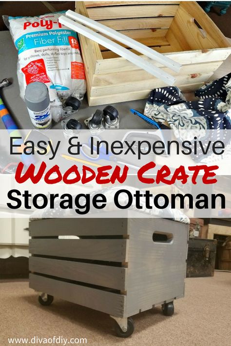 Crate Ottoman, Diy Storage Ottoman, Crate Crafts, Diy Wooden Crate, Diy Ottoman, Crate Shelves, Inexpensive Home Decor, Crate Storage, Creative Home Decor