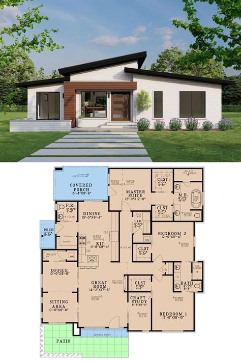 Home Office Floor Plan, Office Floor Plan, One Storey House, Single Story Homes, Office Floor, Plans Modern, One Story Homes, House Blueprints, Bedroom House Plans