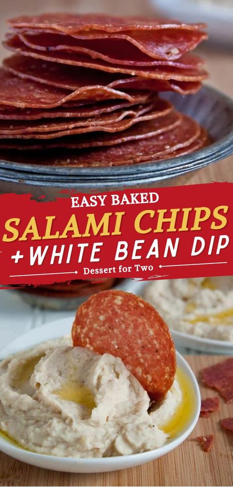 Salami Chips + White Bean Dip, game day food ideas, super bowl menu Superbowl Party Desserts, Meat Chips, Baked Salami, How To Make Salami, Salami Chips, Bbq Diy, White Bean Hummus, Bean Hummus, Batch Recipes