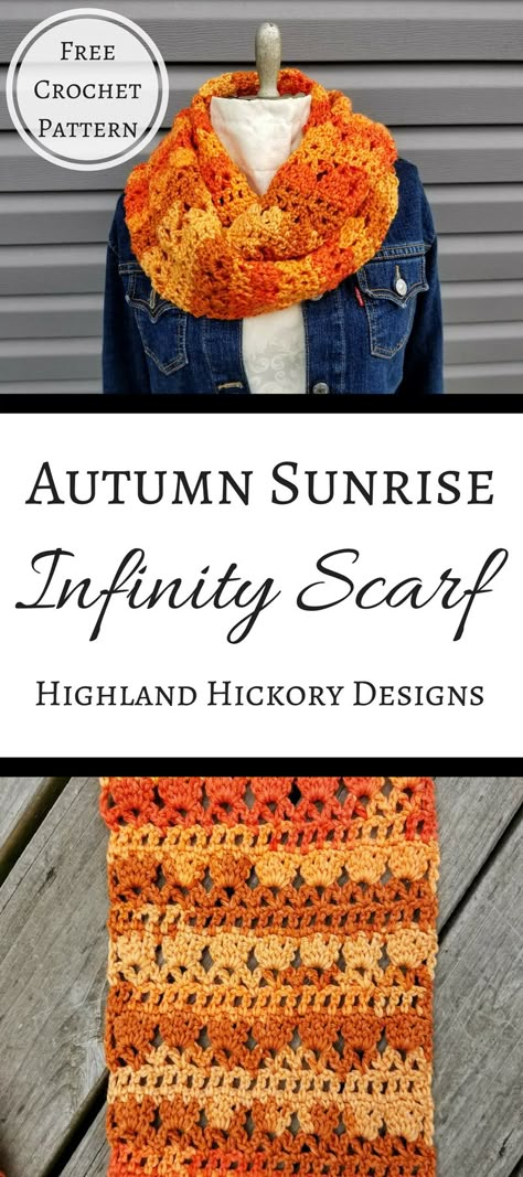 Autumn Sunrise Infinity Scarf - Highland Hickory Designs - Crochet Pattern Autumn Sunrise, Beginner Knit Scarf, Infinity Scarfs, Scarf Autumn, Fall Crochet Patterns, Crochet Infinity Scarf, Crochet Fall, Scarf Crochet Pattern, Crochet Cowl