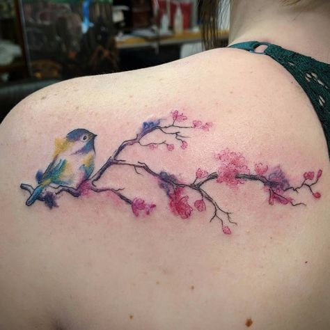 Cherry Blossom Tattoo With Birds, Cherry Blossom Branch Tattoo, Tree Branch Tattoo, Cherry Blossom Tree Tattoo, Blossom Tree Tattoo, Sakura Tattoo, Cherry Blossom Watercolor, Branch Tattoo, Blossom Branch