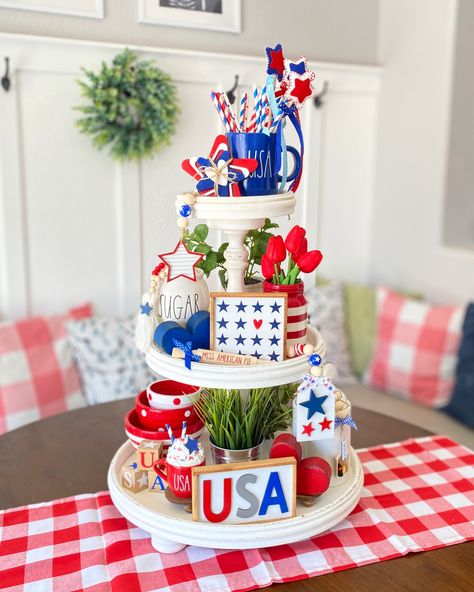 4th Of July Tiered Tray Decor, Patriotic Tiered Tray Decor, Patriotic Tiered Tray, Fourth Of July Decor, White Shiplap, Wooden Bead Garland, American Pie, 4th Of July Decorations, Wood Bead Garland