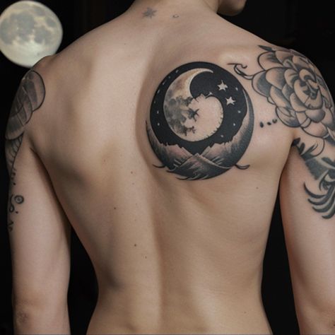 Moon Tattoo ideas for back - Creative Tattoo Ideas Moon Tattoo On Shoulder, Tattoo Ideas For Back, Moon Tattoo Ideas, Creative Tattoo Ideas, Full Moon Tattoo, Shoulder Blade Tattoo, Mysterious Man, Creative Tattoo, Creative Tattoos