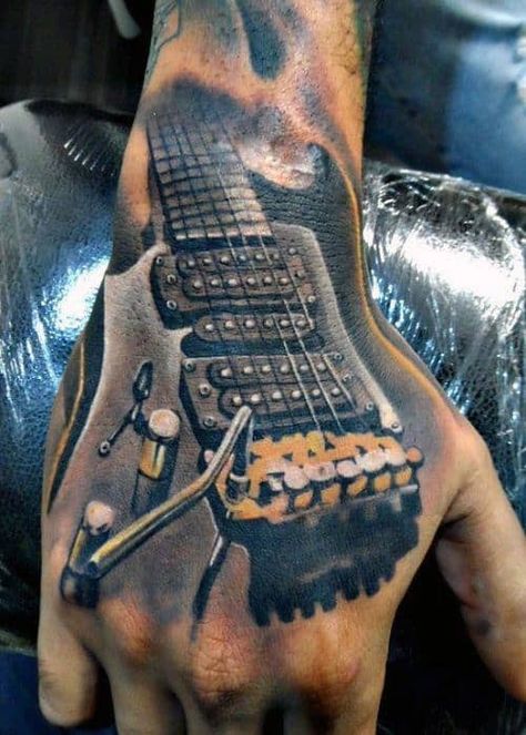 Music Tattoos Men, Music Guitar Tattoo, Tattoo On Face, Tattoo Guitar, Music Related Tattoos, Music Tattoo Ideas, 5 Tattoo, Guitar Tattoo Design, Rock Tattoo