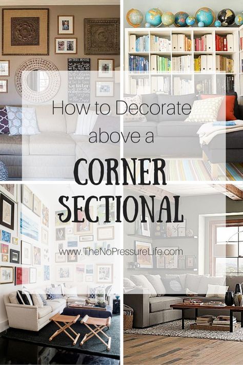 Corner sectionals are sometimes hard to decorate. Get these great tips for how to decorate above a corner sectional, plus see how a little dining room was transformed into a cozy TV room! Cozy Tv Room, Behind Couch Decor, Wall Behind Couch, Tuscan Wall Decor, Corner Gallery Wall, Corner Wall Decor, Couch Wall Decor, Sofa Wall Decor, Corner Sectional Sofa