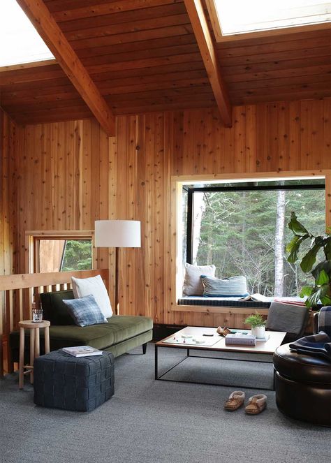 Cabin Loft Decorating Ideas, Michigan Cottage, Cabin Vibes, Cabin Loft, Custom Bench Cushion, Cabin Core, Sea Ranch, Velvet Couch, Custom Benches