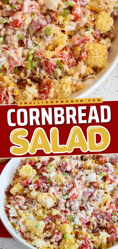 Here's a mouthwatering summer salad recipe! This Cornbread Salad recipe features a combination of fresh vegetables, creamy dressing, and savory cornbread. Serve this easy summer BBQ side dish that will surely please a crowd! Easy Cornbread Salad, Southern Dinner Sides, Southern Picnic Food, Summer Potluck Salads, Church Meals For A Crowd, Cornbread Salad Trisha Yearwood, Warm Side Dishes For A Crowd, Cornbread Salad Recipe Southern, Corn Side Dishes For Bbq