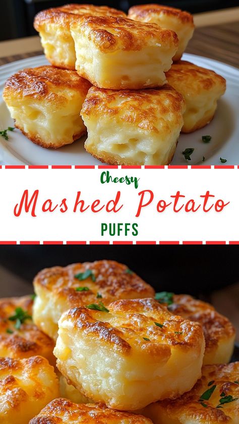 Easy Dinner Recipes: Cheesy Mashed Potato Puffs Golden Cheesy Mashed Potato Puffs, Toppings For Mashed Potatoes, Cheesy Mash Potatoe Puffs, Creamy Potato Puffs, Mashed Potato Casserole Recipes Easy, Mash Potato Appetizer, Mashed Potatoes Recipe Leftover, Cheesy Mash Potato Puffs, Potato Puff Casserole