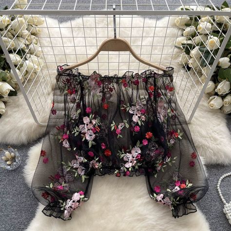 SINGREINY Mesh Embroidery Sheer Blouse Fashion Slash Neck Loose Puff Sleeve Tops Short Smock Streetwear Lace Y2K Summer Blouses - AliExpress Blouse Dress Pattern, Puff Sleeve Tops, Lace Y2k, Mesh Embroidery, Party Blouse, Sheer Floral Blouse, Y2k Summer, Blouse Models, Shirt Embroidery