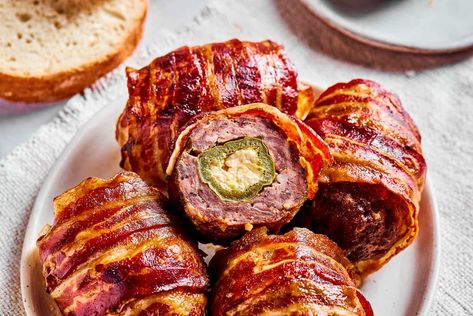 Armadillo Eggs - Easy Baked Version Jalapenos Wrapped In Bacon, Armadillo Eggs Recipe, Bacon Wrapped Stuffed Jalapenos, Armadillo Eggs, Sausage And Bacon, Stuffed Jalapenos, Sausage Wrap, Bacon Wrapped Jalapenos, Texas Bbq