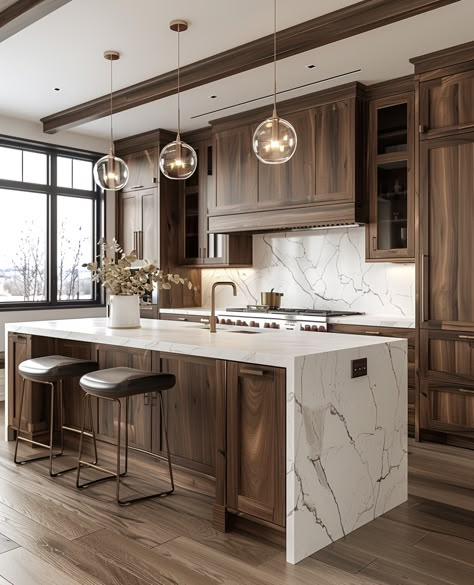 Kitchen Ideas Walnut Cabinets, Home Decor Brown Tones, Black Walnut Cabinets Kitchens, Countertops With Walnut Cabinets, Brown And Tan Kitchen, Kitchen Design Light Wood, Dark Wood Cabinets Kitchen, Black Walnut Kitchen, Modern Walnut Kitchen