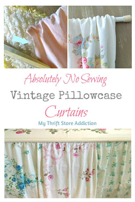 No sew vintage pillowcase curtains, a pretty solution for storage issues PIN: mythriftstoreaddiction.blogspot.com Pillowcase Curtains, Sewing Vintage, No Sew Curtains, Vintage Pillow Cases, Vintage Curtains, How To Make Curtains, Rod Pocket Curtains, Diy Curtains, Vintage Sheets