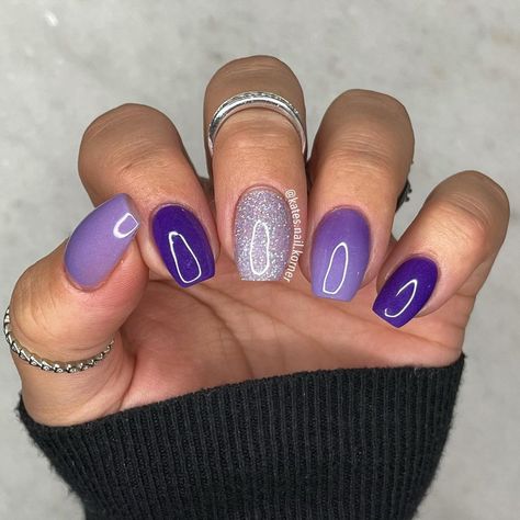 Lavender Mani Pedi, Purple Nail With Design, Purple Skittle Nails, Lavender Dip Powder Nails Short, Late February Nails Ideas, Purple Nails Different Shades, Purple Sns Nails Designs, 3 Color Manicure Ideas, Purple Nail Dipping Powder