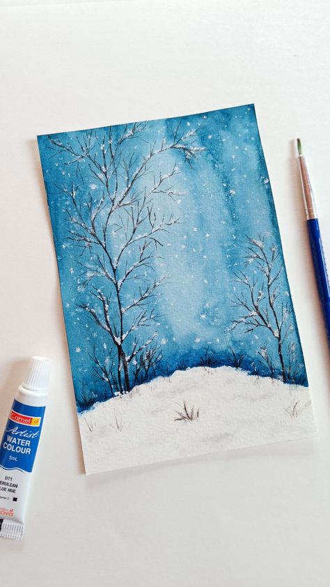 Snow Flakes Painting Ideas, Snow Drawing Easy, Watercolor Christmas Cards Diy, Painted Cards, Northern Lights Painting, Winter Landscapes, Winter Landscape Painting, Watercolour Landscape, Creative Landscape