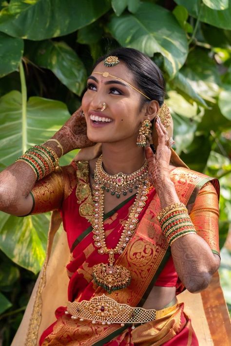 Blissful Telugu Wedding With Decor That Spelled Magic! Gold Kanjivaram Saree, Telugu Bride, Embroidered Blouses, Bridal Sari, Bridal Sarees South Indian, Telugu Wedding, South Indian Weddings, Indian Wedding Planning, Telugu Brides