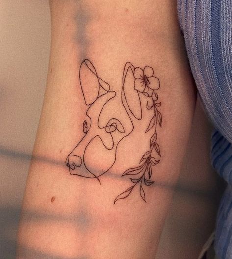 Dog Line Art Tattoo German Shepherd, Dog Ear Flower Tattoo, Dog Tattoo On Forearm, Fine Line Great Dane Tattoo, Dog Nose Print Tattoo With Flowers, Dog Ear Outline Tattoo With Flowers, Minimalist German Shepherd Tattoo, Dog Line Work Tattoo, Fine Line German Shepherd Tattoo