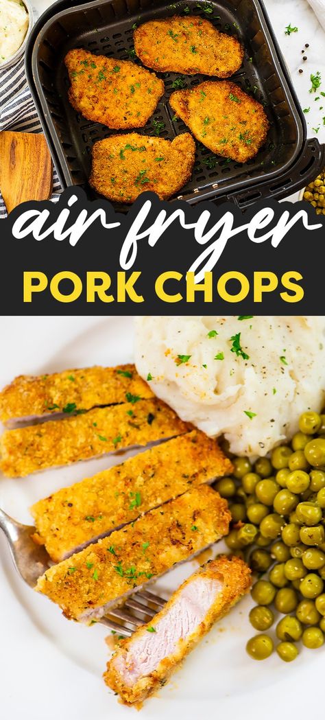 These breaded pork chops have a tender center surrounded by a wonderfully crisp breading! Breaded Pork Loin, Air Fryer Breaded Pork Chops, Garlic French Fries, Bacon Wrapped Green Beans, Center Cut Pork Chops, Breaded Pork Chops, Air Fryer Pork Chops, Leftover Bread, Mouth Watering Food