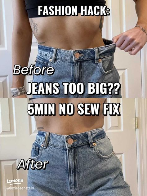 HACK: 5 min no sew fix for jeans that are too big | Gallery posted by Lexirosenstein | Lemon8 How To Fix Shorts That Are Too Big, Shorts Too Big Hack, Jeans Waist Too Big Hack No Sew, No Belt Hack Jeans, Jean Waist Too Big Hack, Jeans Waist Too Big Hack, Fit Jeans Diy, Small Waist Big Hips, Jeans Too Big