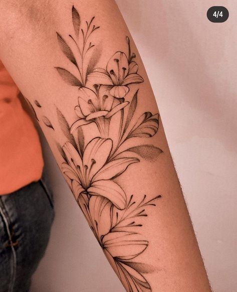 Water Lily Wrap Around Tattoo, Lily Vine Tattoo Design, Tiger Lily Arm Tattoo, Lillies And Sunflowers Tattoo, Lilly Forearm Tattoo Women, Lily Knee Tattoo, Lily Tattoo Upper Arm, Madonna Lily Tattoo, Lily Arm Tattoo For Women