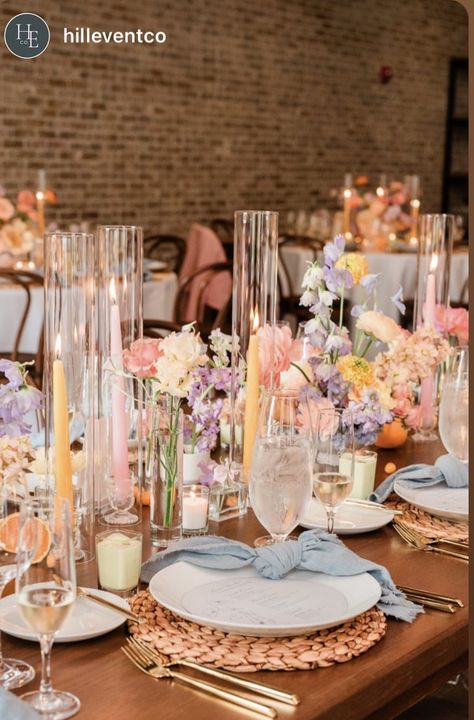 June 2024 Wedding, Summer Wedding Table Decor, Summer Wedding Table, Pastel Blue Wedding, Flower Moxie, Pastel Candle, Wildflower Wedding Theme, Madison Wedding, Wedding Place Settings