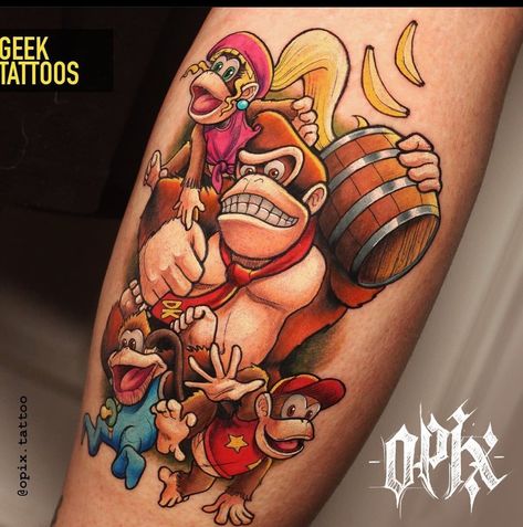 Donkey Kong Tattoo, Christian Best Friends, Kong Tattoo, Super Mario Tattoo, Games Tattoo, Cartoon Tattoo Ideas, Mario Tattoo, Animated Shows, Cartoon Tattoo