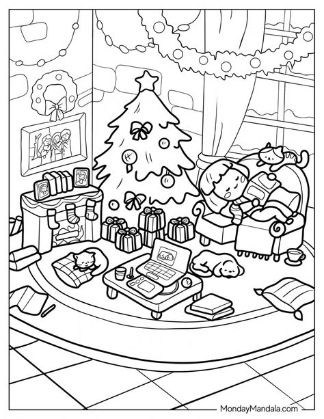 .. #Cozy_Coloring_Pages #Room_Coloring_Pages #Christmas_Living_Room #Sarah_Kay Free Christmas Coloring Pages Printables, Cozy Coloring Pages, Cozy Hobbies, Mini Coloring Book, Blank Coloring Pages, Cozy Christmas Living Room, Free Christmas Coloring Pages, Coloring Pages Winter, Bobbie Goods