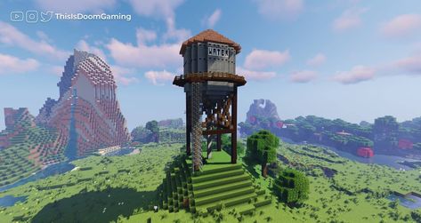 Minecraft Water Tower Ideas, Elytra Tower Minecraft, Tower Minecraft Tutorial, Minecraft Water Tower, Minecraft Lookout Tower, Water Wheel Minecraft, Minecraft Bell Design, Bell Minecraft, Minecraft Bell Tower