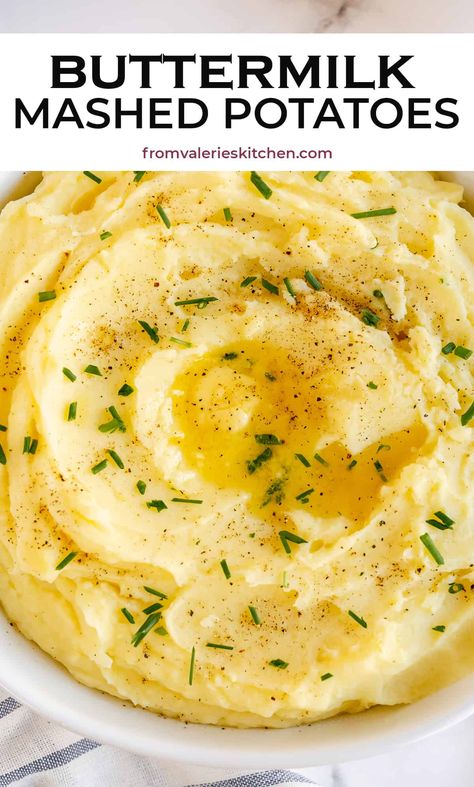 Yukon gold potatoes and buttermilk combine to create these rich and creamy Buttermilk Mashed Potatoes. Perfect for the holidays or any day! #mashedpotatoes #buttermilk #potatoes #sidedish #thanksgiving #christmas #holidaymenu Tasty Potato Recipes, Buttermilk Mashed Potatoes, Braised Pork Chops, Dishes Ideas, Gold Potatoes, Buttermilk Recipes, Making Mashed Potatoes, Onion Gravy, Yukon Gold