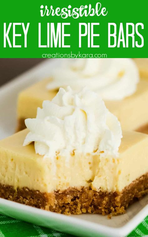 Indulge in the taste of summer with these key lime pie bars. With their creamy texture and zesty lime flavor, they are the perfect balance of sweet and tart. #keylimepiebars #keylimebars @Creations by Kara Creamy Key Lime Pie, Key Lime Recipes, Key Lime Bars, Pie Bars Recipe, Lorann Oils, Key Lime Pie Bars, Lime Desserts, Sweet Lime, Pie Bar Recipes