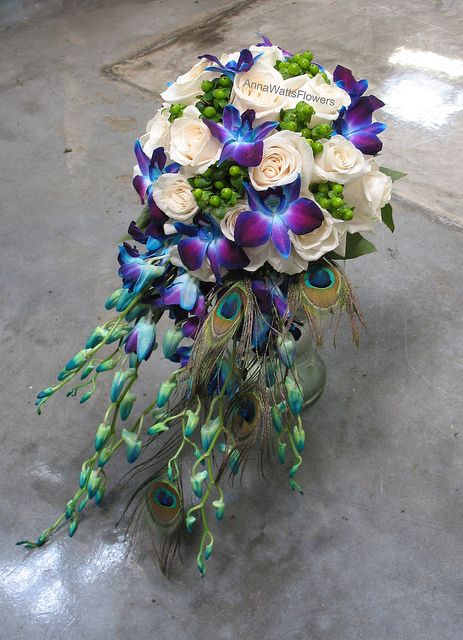 Peacock Bouquet by AnnaWattsFlowers, via Flickr like the colors but not so sure about the feathers Peacock Bouquet, Romantic Wedding Colors, Peacock Wedding Theme, Rustic Wedding Photos, Peacock Theme, Orchid Wedding, Peacock Wedding, Education Humor, Mom Wedding