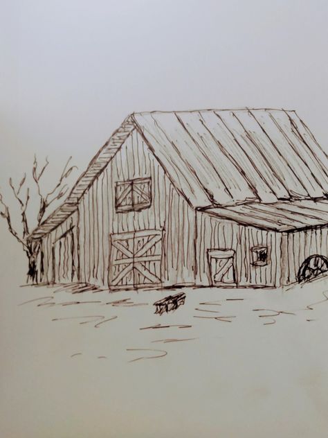 Barn Drawing Simple, Farm Drawing Easy, Country Drawings Easy, Buildings Collage, Farmhouse Drawing, Farm Sketch, Barn Drawing, Watercolor Farm, Point Perspective