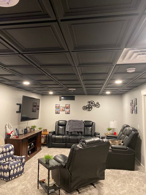 Basement Black Drop Ceiling, Black Room With Black Ceiling, Basement With Black Ceiling Tiles, Black Basement Ceiling Tiles, Basement Ceiling Tile Ideas, Basement With Dark Ceiling, Black And Brown Basement Ideas, Drop In Ceiling Tile Ideas, Black Spray Foam Ceiling