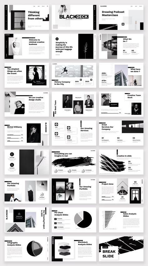 Black White Keynote Template. 40 Unique Slides. Portfolio Design Layout Black And White, Black And White Slides Presentation, Black And White Ppt Template, Black And White Layout Design, Black And White Powerpoint Template, Presentation Minimal Design, Modern Slide Design, Layout Design Black And White, Black And White Presentation Design