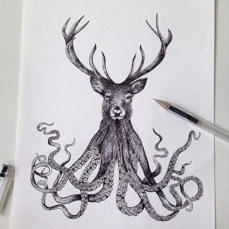 Deerthulu. Alfred Basha, Anchor Drawings, Pencil Inspiration, Deer Illustration, Surreal Artwork, Surrealism Art, Cool Art Projects, Ink Artwork, Creative Drawing