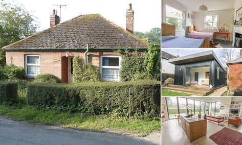 The 1920s bungalow in Ibthorpe, Hampshire has been transformed by engineer James Kater and his TV producer partner Georgina Wilson who were looking for land to build a house on in 2011. 1930s Bungalow Exterior, 1920s Bungalow Exterior, Land To Build A House, 1930 Bungalow, 1920s Cottage, 1920 Bungalow, Georgina Wilson, Bungalow Conversion, 1930s Bungalow