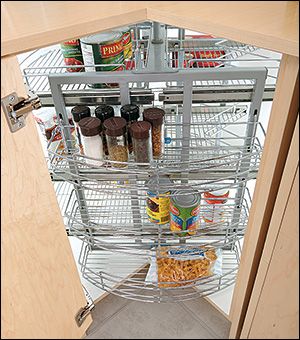 Pull-Out Corner Carousel - Lee Valley Tools Rustic Boho Bathroom, Corner Cabinet Organization, Clever Kitchen Storage, Revamp Furniture, Corner Kitchen Cabinet, Lee Valley Tools, Corner Cupboard, Lee Valley, Wire Storage