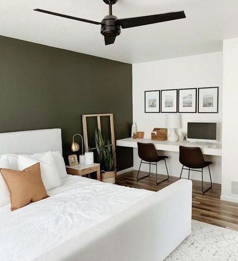 Olive Green Accent Wall, Light Green Bedrooms, Masculine Bedroom Decor, Green And White Bedroom, Olive Green Bedrooms, Green Accent Wall, Dark Green Living Room, Green Accent Walls, Masculine Bedroom