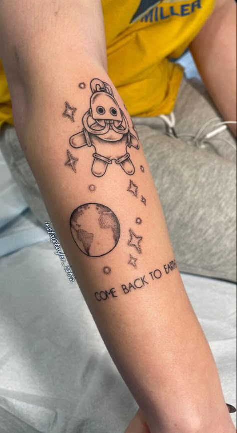 Mac millers diver floating in space above the earth with the words come back to earth beneath So It Goes Mac Miller Tattoo, Mac Miller Sleeve Tattoo, Mac Miller Astronaut Tattoo, Mac Miller Scuba Diver Tattoo, Mac Miller Diver Tattoo, Mac Miller's Tattoo, Come Back To Earth Mac Miller, Mac Miller Astronaut, Come Back To Earth Tattoo Mac Miller