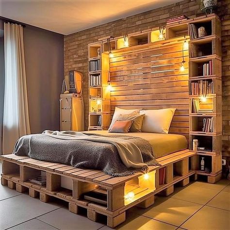 Bed On Pallets Bedroom Ideas, Pallet Loft Bed, Pallet Bed With Lights, Pallet Bed Frame Diy, Pallet Wood Headboard, Pallet Projects Bedroom, Pallet Bed Frames, Pallet Bed Frame, Repurpose Pallets